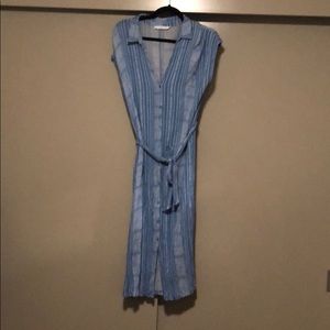 Blue and white striped midi dress with waist tie